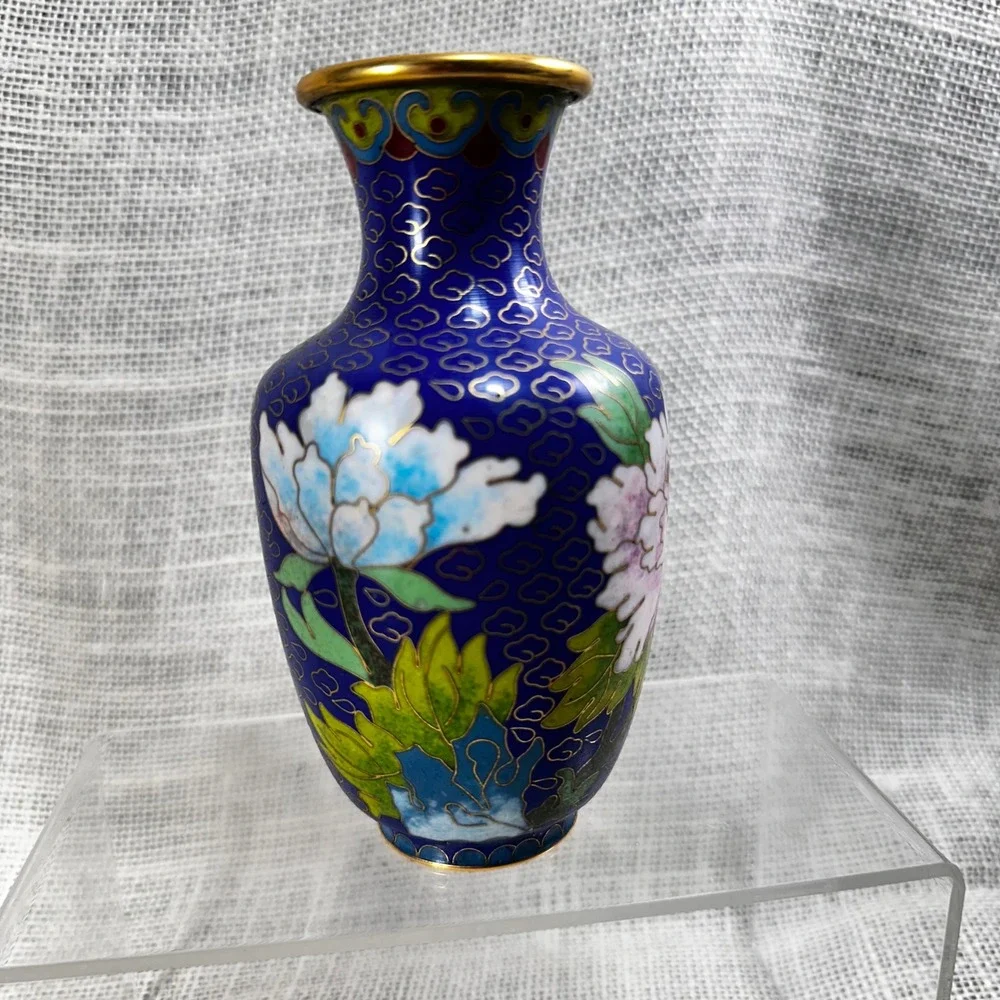 Vintage Cloisonne Enamel Floral Vase Cobalt Blue Peony 5 Inch Chinese Decorative